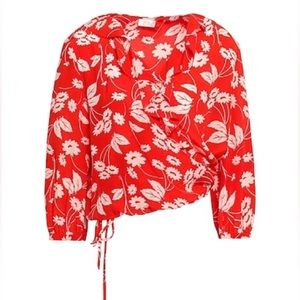 Rixo Red Daisy Sofia Ruffled Silk Wrap Blouse